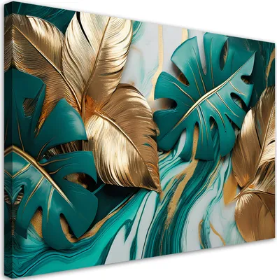 Produktbild von Leinwandbild Monstera-Blätter Gold Türkis-Marmor 90x60 Feeby Grün bild für die wand bereit zum aufhängen