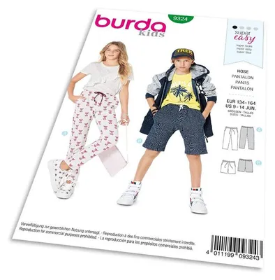 Obrázek produktu pro Střih Burda 9324 - Jednoduché dětské teplákové kalhoty, kraťasy