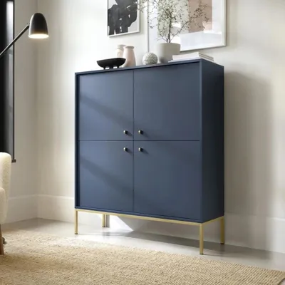 Produktbild von RAVIO Kommode Bari K104 Viertürige Highboard mit Metallfüße Anrichte Beistellkommode (Dunkelblau + Goldene Beine)