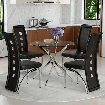 Produktbild von 4er Set Esstisch mit gehärtetem Glas, 88 cm, vier schwarze Esszimmerstühle aus Kunstleder mit geometrischem Lochmuster, modernes Design
