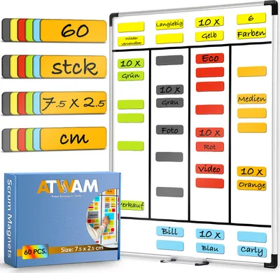 Produktbild von ATWAM Scrum Magnete - 60 Stück - Für Whiteboard, Magnettafel oder Memo Board - Kanban - 7,5 cm breit x 2,5 cm lang - 6 Farben
