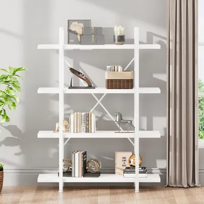 Immagine prodotto di Libreria a 4 ripiani, bianca, in legno e metallo, design moderno, aperta, dimensioni 104,9 x 139,7 cm