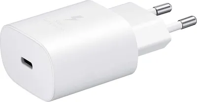 A white Samsung fast charging adapter with a USB-C port and European-style prongs.