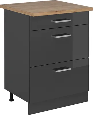 Image de Meuble cuisine Vicco R-Line Anthracite Haute brillance 60cm avec tiroirs, PT Chêne, Model 53334
