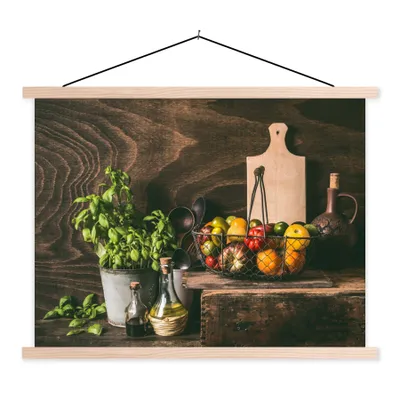 Produktbild von MuchoWow® Textilposter Gemüse - Kräuter - Rustikal - Stilleben - Basilikum 120x90 cm mit holzfarbenen Rahmen - Magnetisch