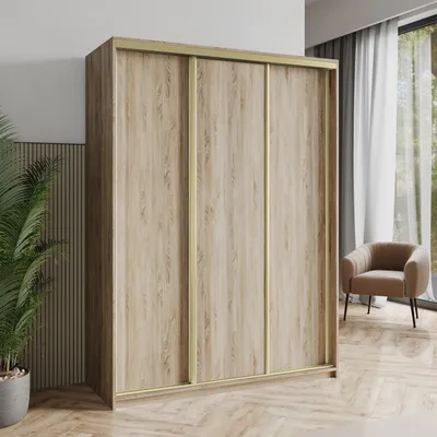 Produktbild von Masseno Schiebetürenschrank NISSE 150/205/60 cm Kleiderschrank mit Schubladen Schlafzimmer Schrank 3-türig Sonoma Eiche + Gold