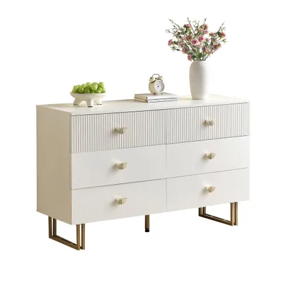 Zdjęcie produktu dla AIORBER Nowoczesny kredens z 6 szufladami w kolorze białym i złotym - Elegancka konstrukcja MDF ze stalowymi nogami do sypialni i salonu