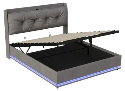 Immagine prodotto di Letto contenitore con spazio di stoccaggio - Letto imbottito idraulico 160x200 cm - Rivestito in velluto - Letto matrimoniale - Struttura in legno - Senza materasso - Grigio