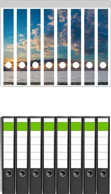 Produktbild von Wallario 8 Stück schmale Ordner inkl. Klebeetiketten mit Motive Sonnenuntergang über einem Fluss -  Set mit Rückenschildern / Ordnerrücken Stickern