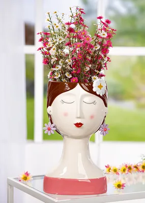 Image de Gilde Vase, Büste, "Lady Flower", Blumenmotiv, Fraumotiv, Keramik, mehrfarbig, VE 2, H. 26.5 cm, D. 13.5 cm 58639 4063387586396