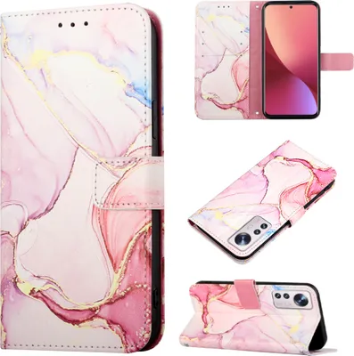 Produktbild von Xiaomi 12 Pro Hülle, Marmor Motiv Kunstleder Tasche Wallet Kartenfächer mit Standfunktion Klapp Schutzhülle für Xiaomi 12 Pro Pink Weiß