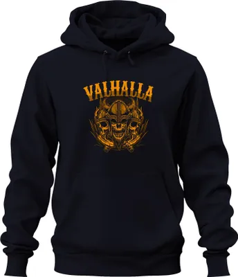 Produktbild von Valhalla Wikinger Totenkopf Helm Äxte Nordisch Mythologie Runen Uni Hoodie Kapuzenpullover, Navy, XL