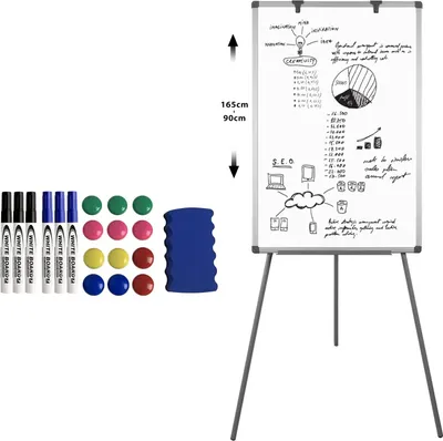 Produktbild von ACXIN 90 x 60cm Flipchart Stativ Whiteboard, Höhenverstellbar, Dreibeinstativ, magnetisches Whiteboard, trocken abwischbar mit Aluminiumrahmen, Stifthalter & Zubehör