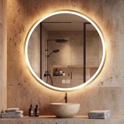 Produktbild von LED Badezimmerspiegel Rund 80 cm – Badspiegel mit LED Beleuchtung, Touch-Schalter, Anti-Beschlag, 3 Lichtfarben, Goldener Rahmen – SAVE HOME