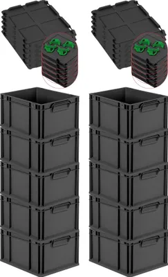Produktbild von SparSet 10x Eurobox NextGen Grip mit Auflagedeckel inkl. 4 grünen Schiebeschnappverschlüssen | HxBxT 22x30x40cm | 20 Liter | Schwarz | Griffe geschlossen | Eurobehälter, Transportbox, Transportbehälter, Stapelbehälter