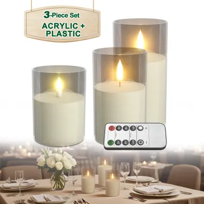 Obrázek produktu pro LZQ LED svíčky Sada 9 průhledných, bezplamenných sloupových svíček Ø7,5 x 10/12,5/15 cm, dálkové ovládání, časovač, napájení bateriemi, blikající, pro vnitřní a venkovní použití