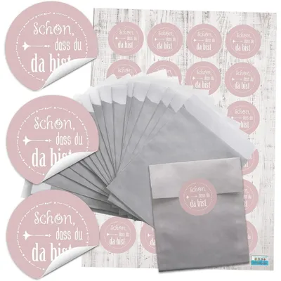 Produktbild von 24 Papiertüten silber 9,5 x 14 cm + rosa Sticker Schön, dass du da bist