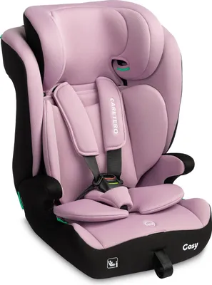 A studio shot of a violet and black child car seat.