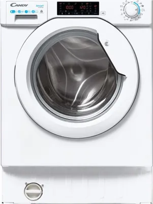 A front view of a white Candy washing machine.