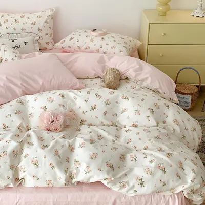 Immagine prodotto di Omgoods - Set di copripiumino 135x200 cm con motivo di fiori rosa e bianchi