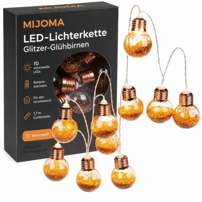LED-Lichterkette mit 10 warmweißen Glitzerlampen, 1,7 m, batteriebetrieben