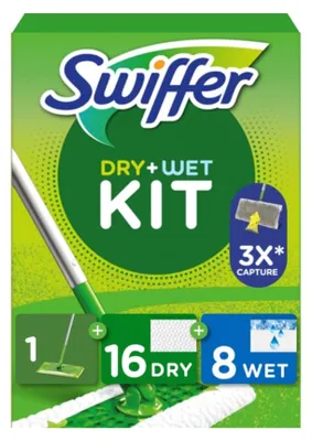 Produktbild von Swiffer Bodenwischer Dry & Wet Starter-Set, 1 Stab, 16 Trockene, 8 Feuchte Boden