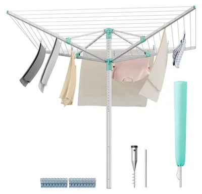 Obrázek produktu pro Prádlová šňůra, délka 50 metrů – sušák na prádlo – 5 úchytek – výškově nastavitelný, rozsah 121–183 cm – stříbrně zelená barva