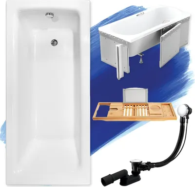 Image de Baignoire rectangulaire 150x70 + revêtement en polystyrène + étagère en bambou, écoulement & pieds S | Set complet 5in1 baignoire originale acrylique siphon | BADLAND TALIA