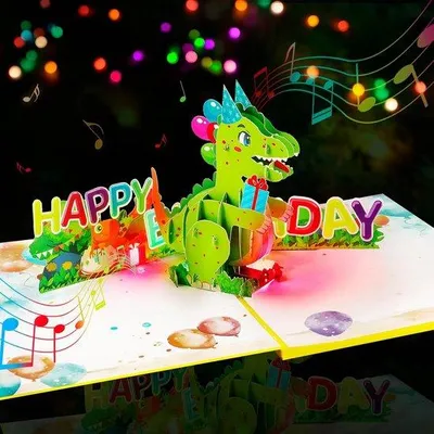 Produktbild von Pop-Up Karte Dinosaurier - 3D Geburtstagskarte mit Musik und Licht