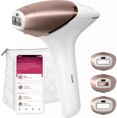 A Philips Lumea IPL hair removal device with a charging handle, a storage pouch, and a smartphone displaying the companion app. Three different sized treatment windows are also shown.