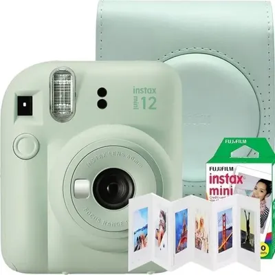 Produktbild von Fujifilm Instax Mini 12 Sofortbildkamera-Set, Mintgrün mit Fujifilm-Abdeckung, 6-Positionen-Akyta-Rahmen und 1x10-Film