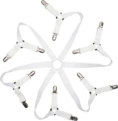 Produktbild von Bettlakenhalter mit 12 Clips Anti-Rutsch Bettlaken Befestigungsgurt Edelstahl 6 Verstellbare Lange Gurte Elastischer Matratzenbezug Sofakissen Verschluss