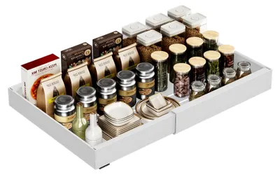 Produktbild von Teleskopschublade für die Küche, ausziehbare Schublade für Schrank, ohne Bohren, einstellbare Breite 32-52 cm, Metall, Schrankorganizer mit Klebeband, ausziehbare Schublade (Weiß, 1 Stück)