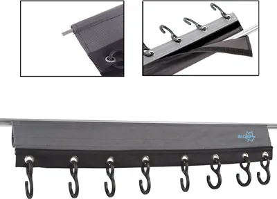 Close-up views of a fabric hanging organizer with hooks, attached to a rail.
