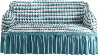 Produktbild von Stretch Sofabezug Sofa Sitzkissenbezug Plissee Rüschenrock Sofaüberzug europäischer Stil Sesselüberzug(2-Sitzer,Gestreift Blau  )