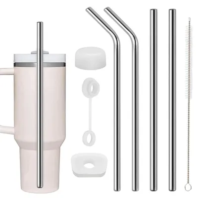Produktbild von Edelstahl Strohhalme 4 Stück 30cm für Stanley Cup 30/40oz mit Reinigungsbürste & Silikonstopfen Silber