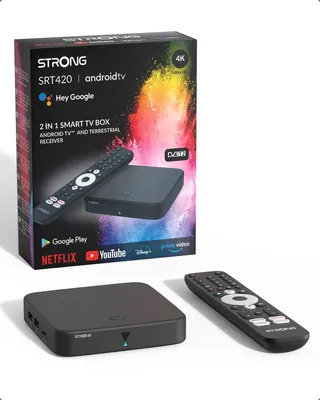 A product shot of a STRONG SRT420 Android TV box and its remote, with the product packaging in the background.