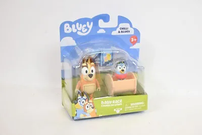 A Bluey toy set featuring Chilli and Baby Bluey figures in their packaging.