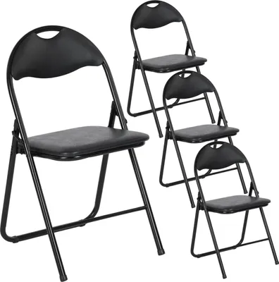 A set of four black folding chairs are arranged diagonally on a white background.
