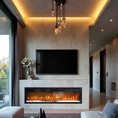 A modern living room with a large television mounted above a fireplace.