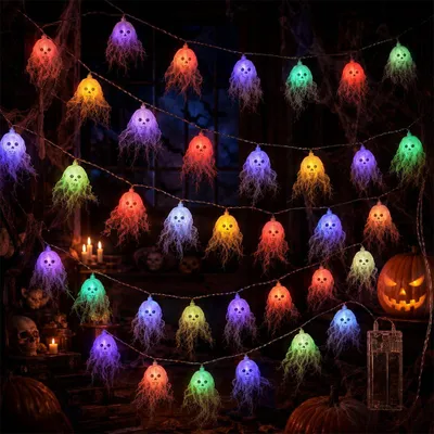 Halloween-Lichterkette 5m, 30 bunte Totenköpfe, LED