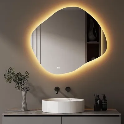Obrázek produktu pro Zrcadlo s osvětlením: Asymetrické LED zrcadlo do koupelny, rozměry 74 x 64 cm, s dotykovým spínačem, stmívatelné, 3 barvy světla, osvětlení do koupelny