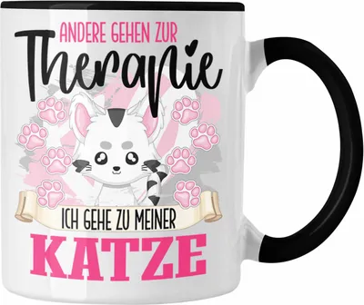Produktbild von Trendation - Katze Tasse Geschenk für Katzen Mama Katzenbesitzerin Therapie Lustiger Spruch Geschenkidee (Schwarz)