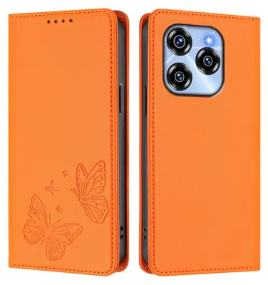 Produktbild von Lederhülle für Oukitel C50, Schmetterling Prägung Leder Brieftasche Schutzhülle mit Ständer Orange