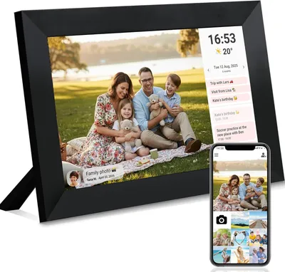 Produktbild von Digitaler Bilderrahmen 10 Zoll WLAN 32 GB HD IPS Touchscreen mit Frameo App und Smart Kalender Fotos und Videos teilen Geschenk