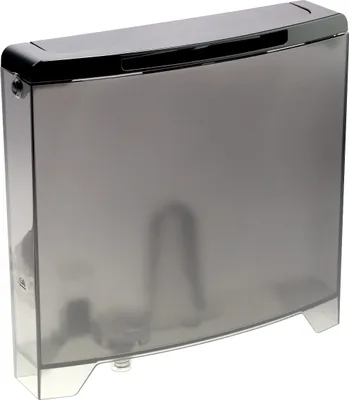 A transparent gray water tank with a black lid.
