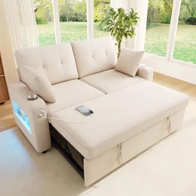 Produktbild von MODFU Schlafsofa 2-Sitzer,Ausziehbares Sofa Relaxsofa mit LED-Beleuchtung, USB/Type-C-Anschluss und Armlehnen-Stauraum, Chenille Sofa, Beige,141,5×131×83,5 cm