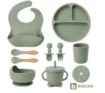 Produktbild von BOECKIE Silikon Babygeschirr Set 9-teilig mit Saugnapf BPA-frei Grün