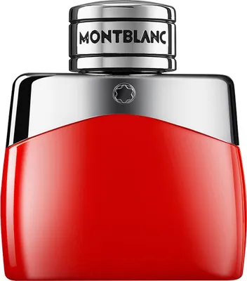 A close-up front view of a red and silver Montblanc Legend Red Eau de Parfum bottle.