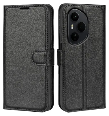 A black leather flip case for a smartphone is shown from two angles.